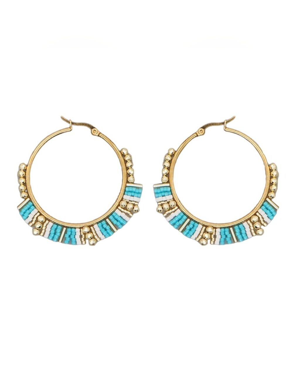 Beaded Hoop Earrings Blue & White Miyuki Rice Beads